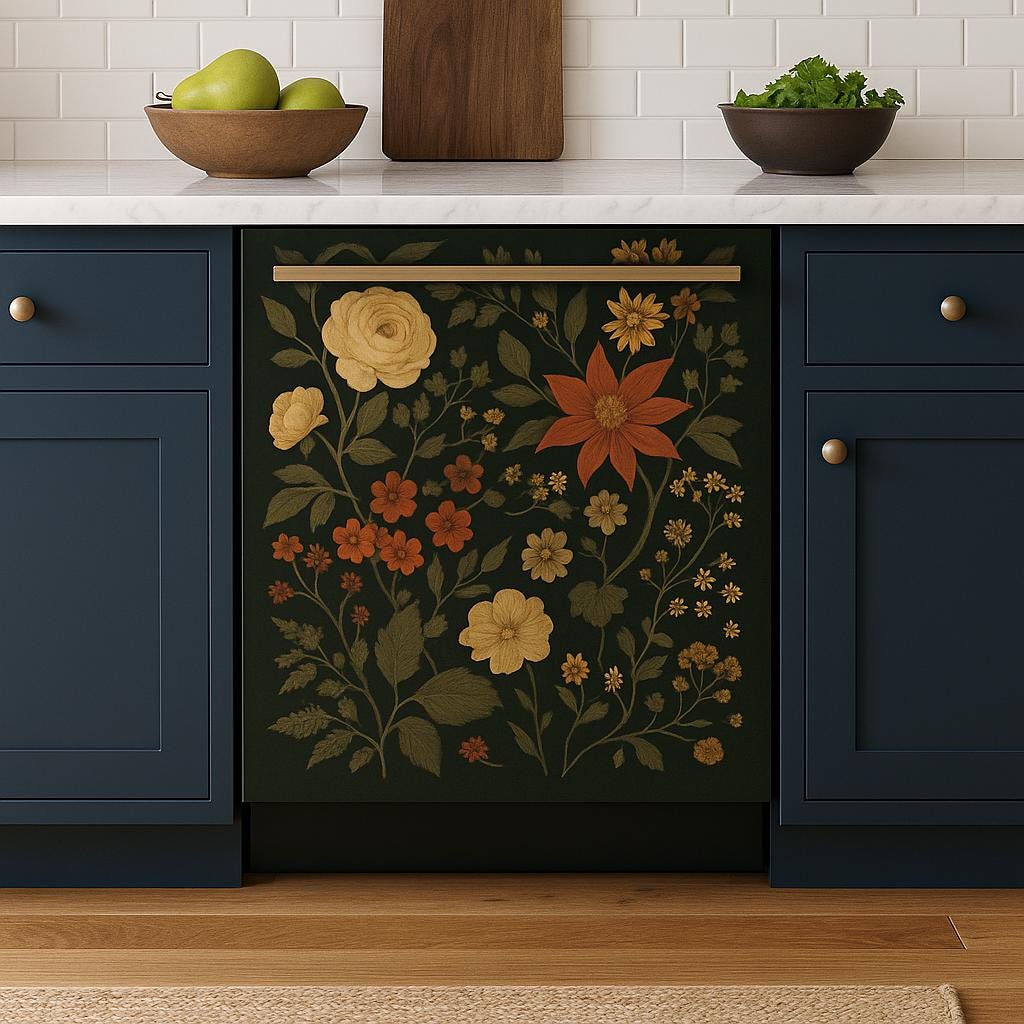 Vintage floral dishwasher magnet cover with dark botanical design, enhancing kitchen decor with blooms and greenery.