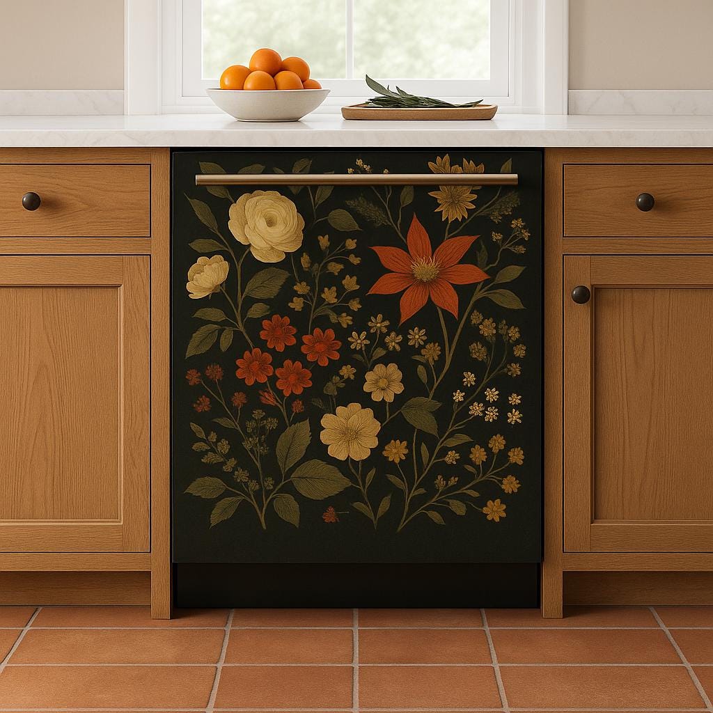 Vintage floral dishwasher magnet cover featuring dark botanical design with colorful blooms in a cozy kitchen setting.