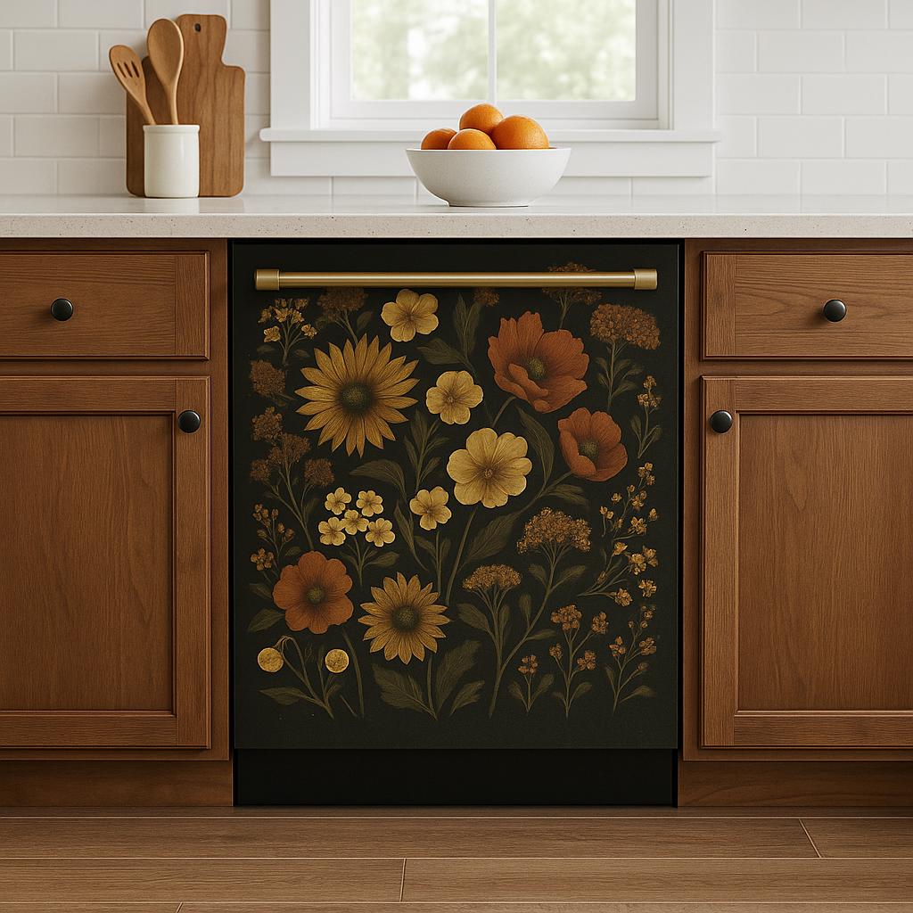 Vintage floral dishwasher cover with sunflowers and poppies on a black background in a cozy kitchen.