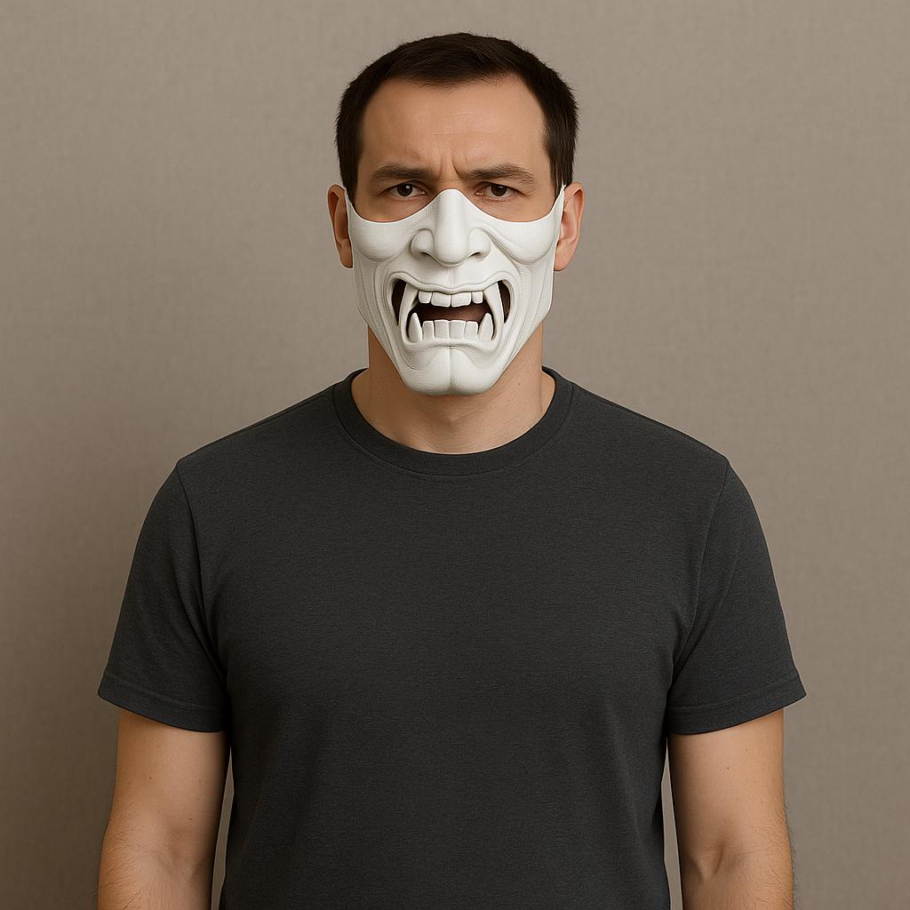 White Oni half face mask worn by a man; 3D printed scary samurai mask for cosplay or Halloween.