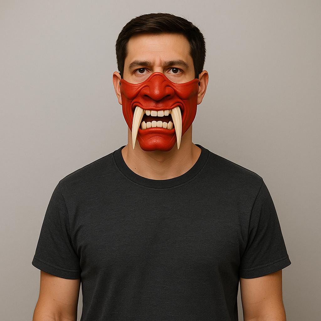 Man wearing a striking red Oni half face mask with white tusks, perfect for cosplay and Halloween.