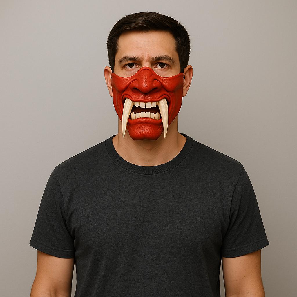 Man wearing a two-color Oni half face mask with white tusks, ideal for cosplay and Halloween costume events.