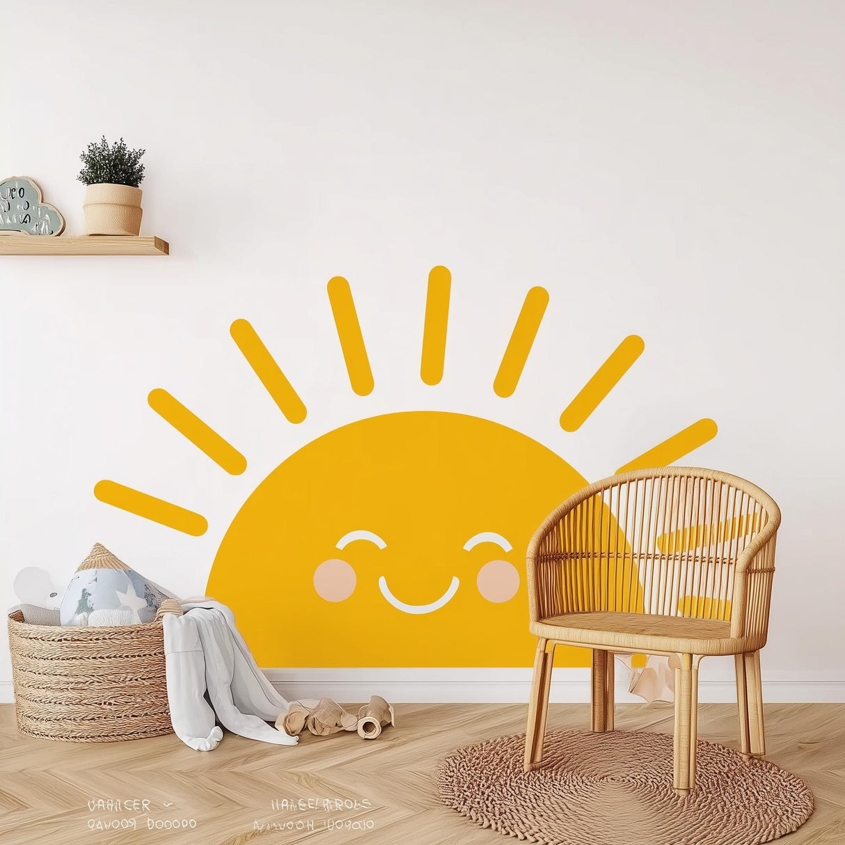 Smiling sun wall decal in a nursery, bright yellow with cheerful facial features, perfect for kids' decor.