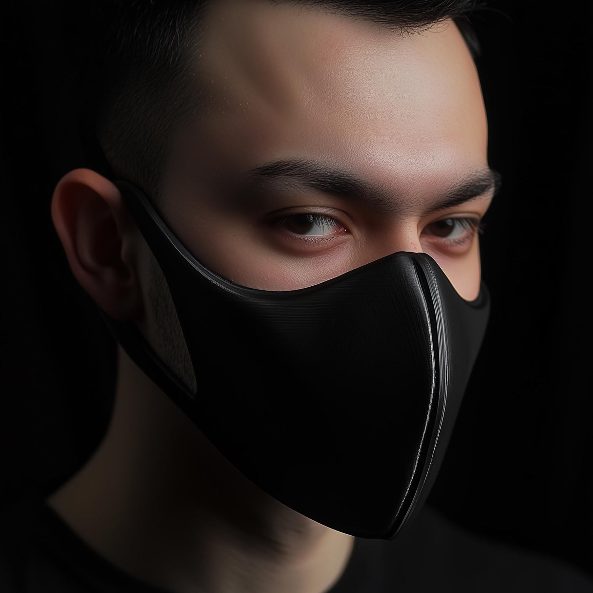 Close-up of a model wearing a minimalist black 3D printed half-face mask, showcasing its sleek design.
