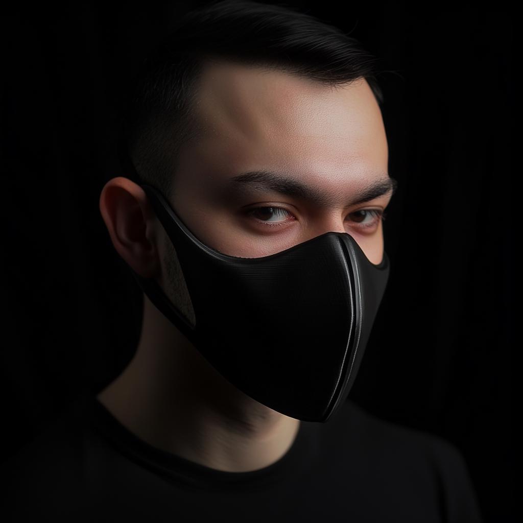 Minimalist black half-face mask worn by a man, showcasing a sleek design perfect for cosplay and tactical style.