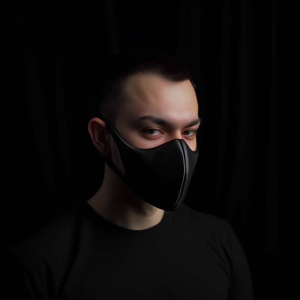 Minimalist black 3D printed face mask worn by a man in a dark setting, perfect for cosplay or Halloween.