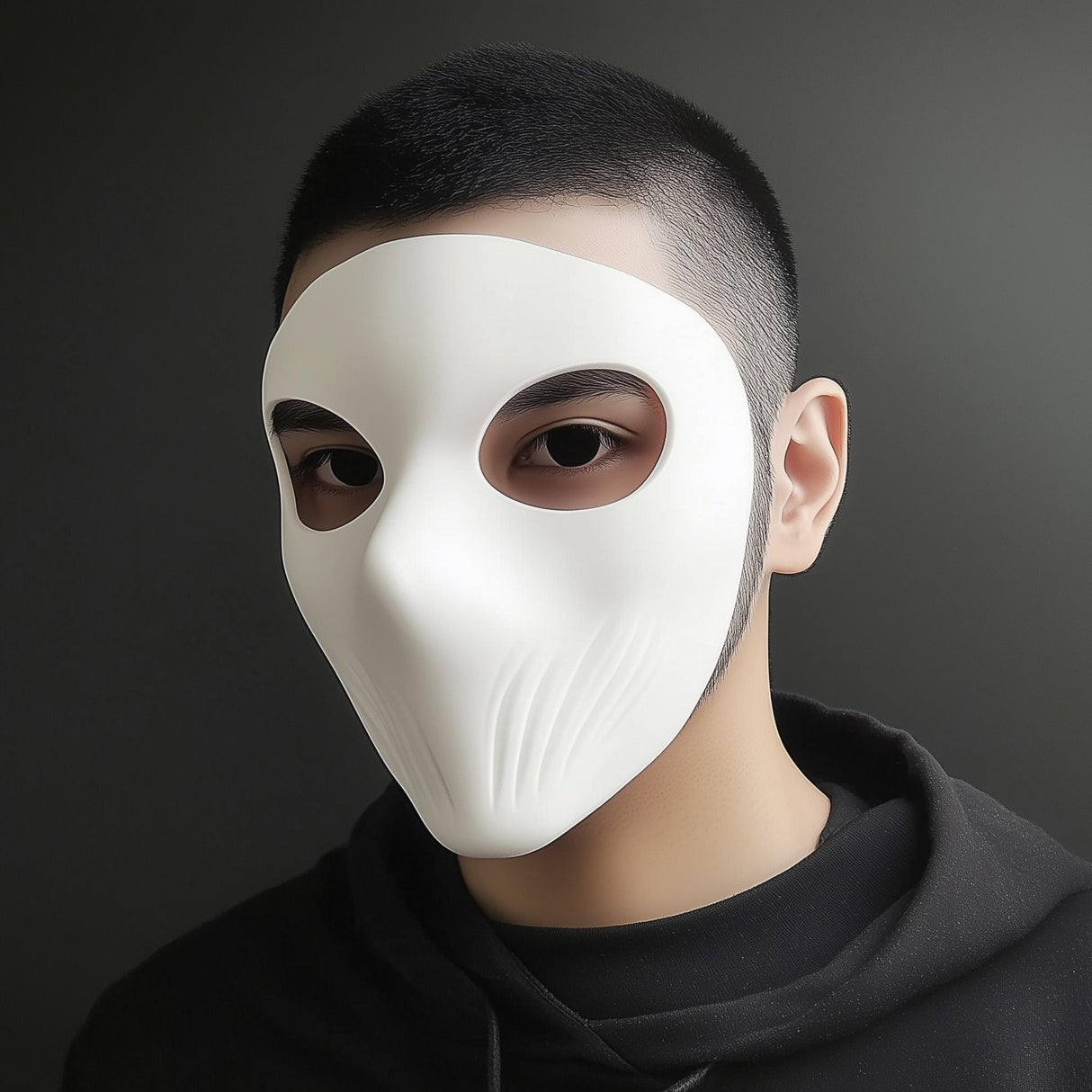 White matte full face mask worn by a model, featuring sleek contours and clean eye openings, ideal for cosplay or Halloween.