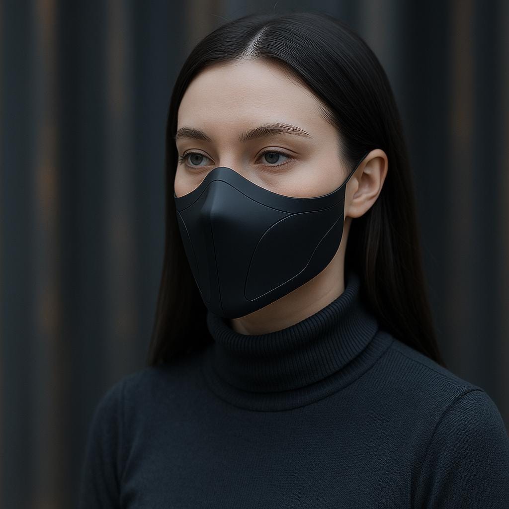 Matte black futuristic half face mask modeled by a woman, perfect for cosplay and minimalist aesthetics.