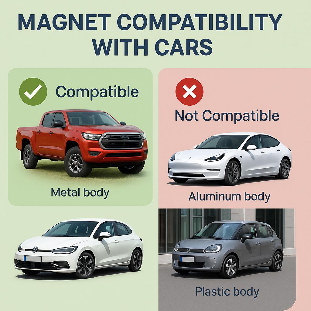 Image showing magnet compatibility with cars, highlighting compatible metal body vehicles and incompatible aluminum and plastic body cars.