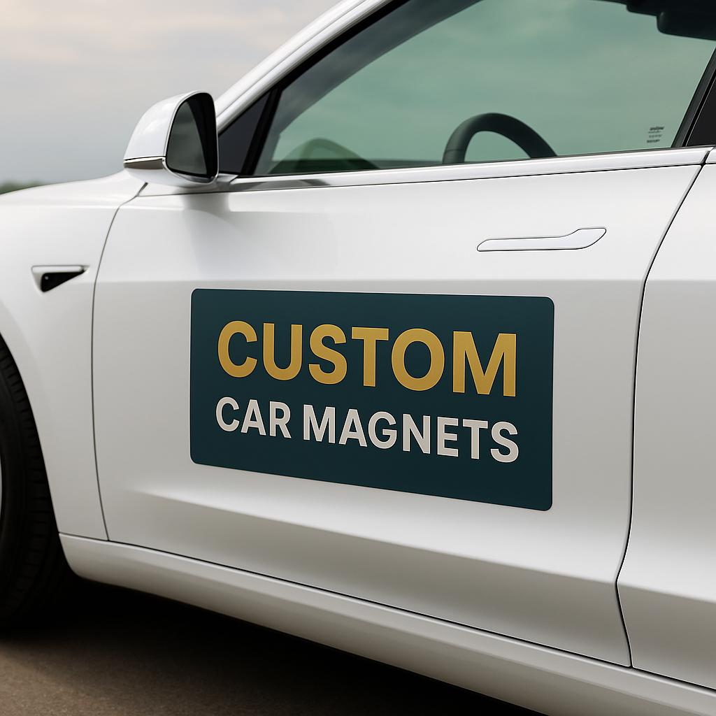 Custom car magnet displayed on a white vehicle, promoting branding and visibility for businesses.