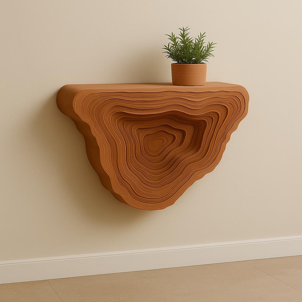 3D printed geometric floating shelf in rust color with a plant, showcasing modern minimalist design and layered texture.