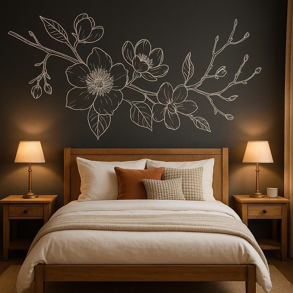 Magnolia wall decal on a dark wall above a bed, adding elegance to bedroom decor with floral design.