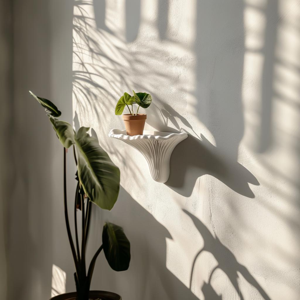 3D printed mushroom wall shelf with potted plant, showcasing minimalist design and natural elegance.
