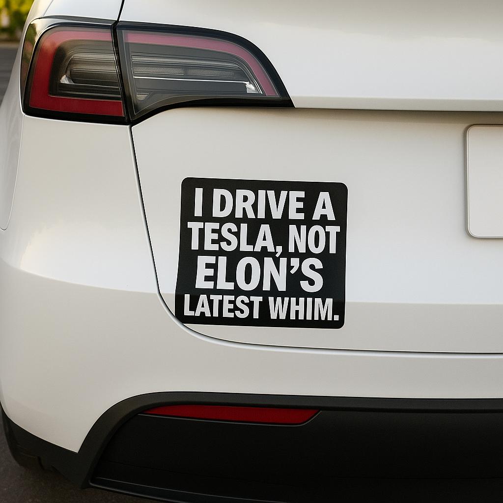 Tesla bumper sticker on a white car reading, 'I Drive a Tesla, Not Elon's Latest Whim.'