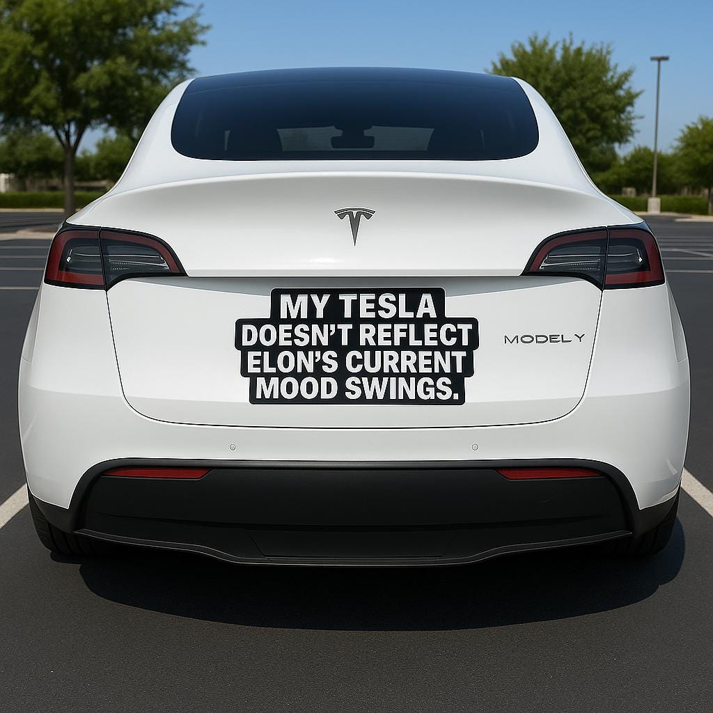 White Tesla Model Y with humorous bumper sticker reading, 'My Tesla Doesn’t Reflect Elon’s Mood Swings.'