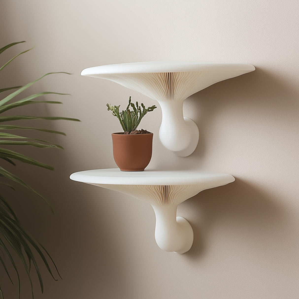 Set of 2 honey mushroom inspired wall shelves with potted plant, minimalist 3D printed decor for home.