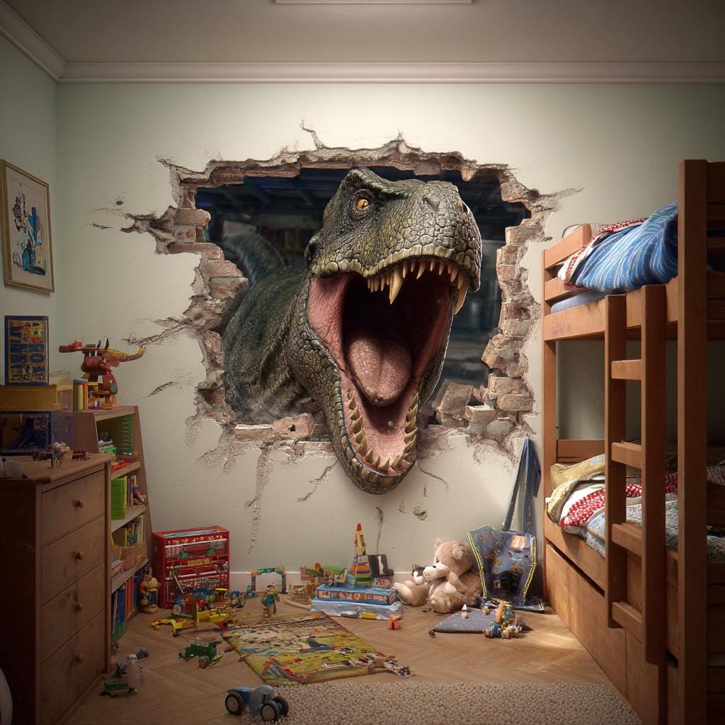 3D T-Rex wall decal bursting through a brick wall in a child's bedroom, bringing a dinosaur adventure to life.