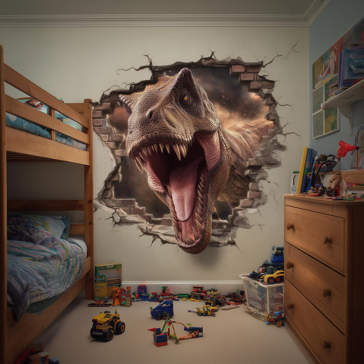 Realistic 3D T-Rex wall decal breaking through a brick wall in a child's bedroom, perfect for dinosaur lovers.
