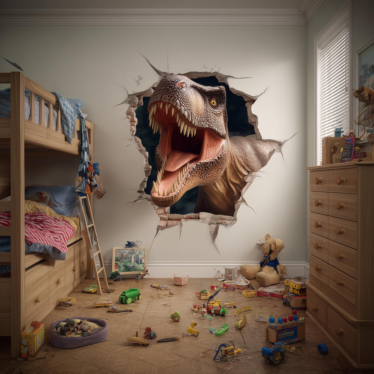 3D T-Rex wall decal bursting through the wall in a kid's room, creating a dinosaur-themed decor with toys scattered around.