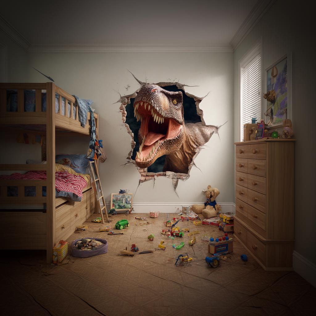 3D T-Rex wall decal bursting through a bedroom wall, creating a dinosaur adventure for kids.