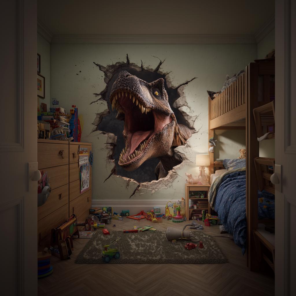 3D T-Rex wall decal breaking through wall in boys room, adding Jurassic decor excitement.