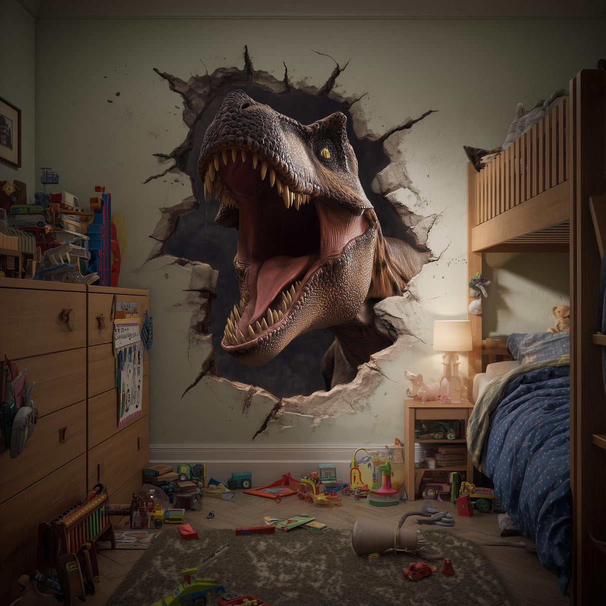 3D T-Rex wall decal bursting through a child's room wall, perfect for dinosaur-themed decor.