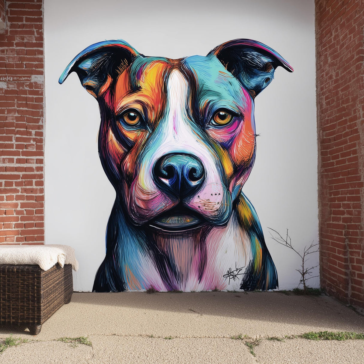 Vibrant colorful pit bull wall decal in street art style, enhancing indoor or outdoor decor.