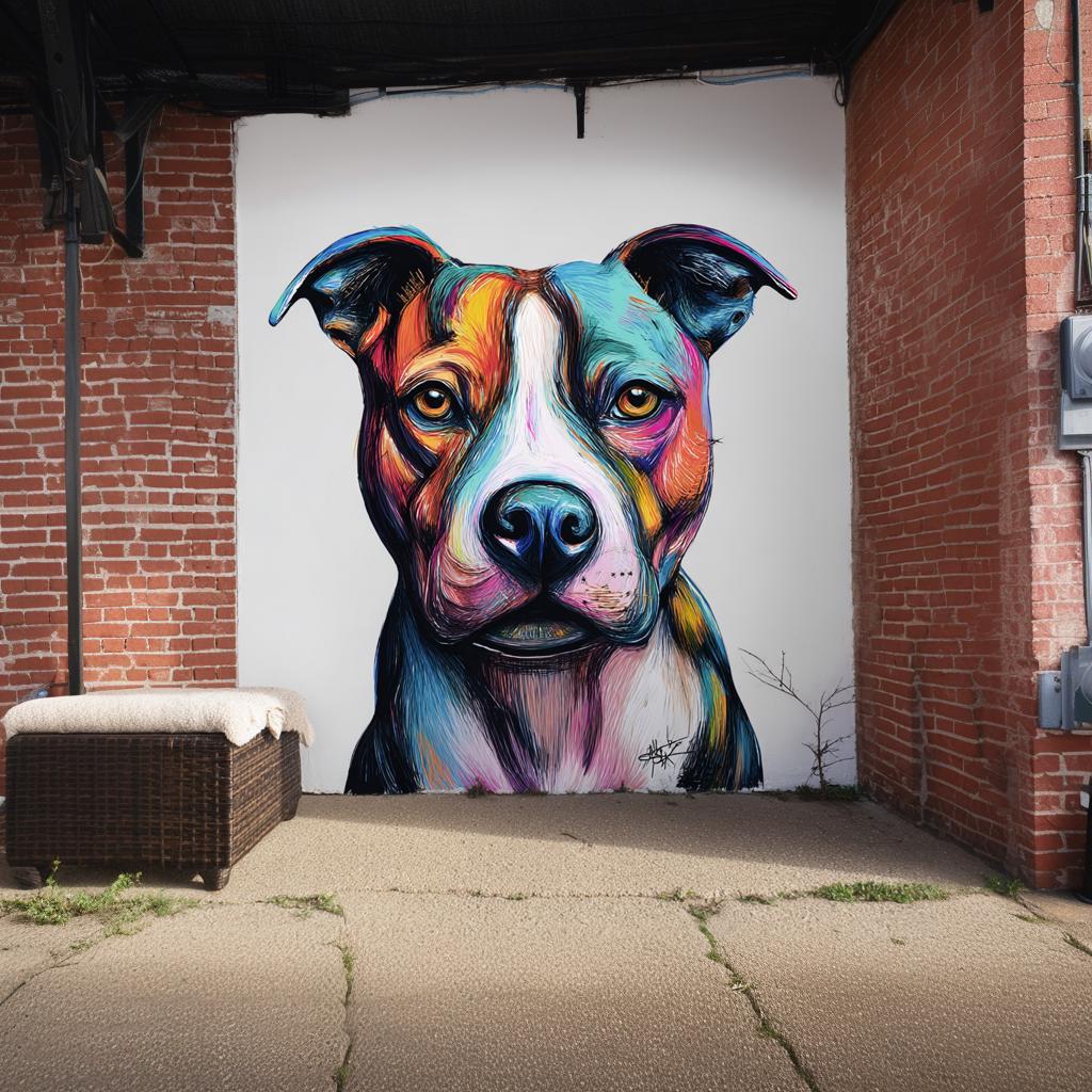 Colorful pitbull wall decal on brick wall, featuring a vibrant dog face in bold street art style.
