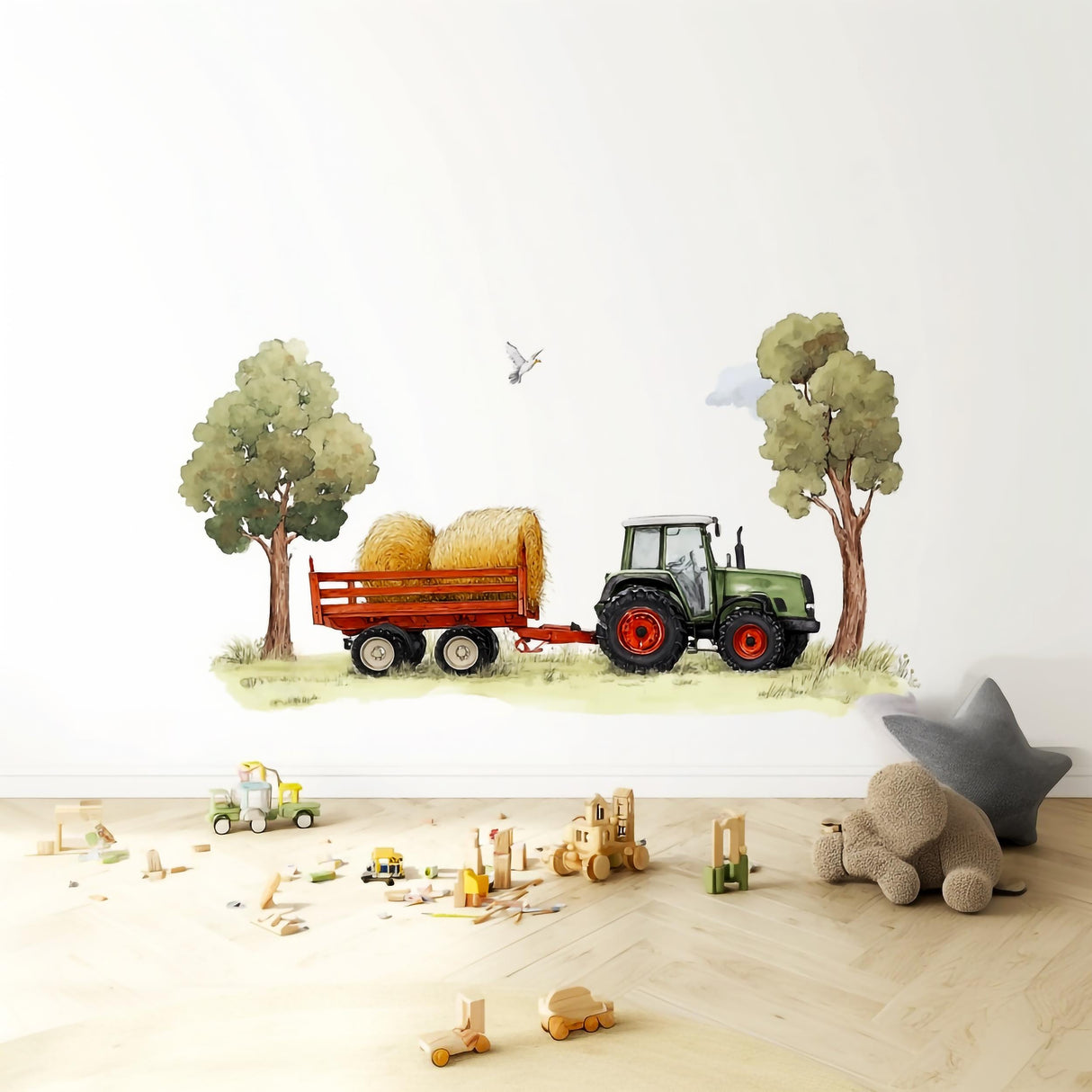 Farm Tractor Wall Decal | Hay Bales Farm Scene Wall Sticker | Nursery Wall Art | Kids Room Farm Decor | Removable Tractor Mural for Boys