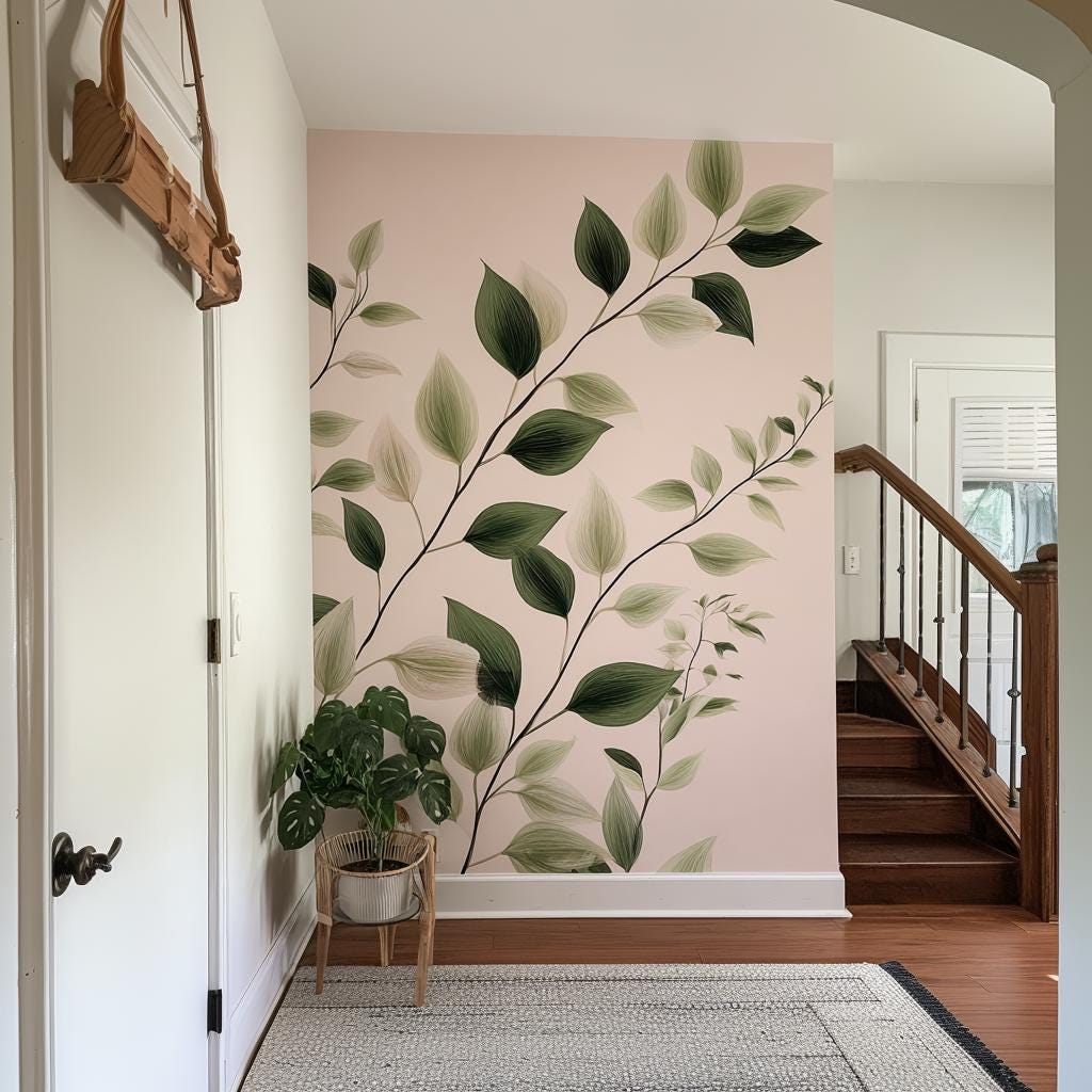 Vertical Vine Leaf Wall Decal | Botanical Wall Sticker with No Background | Greenery Mural for Hallway Entryway | Removable Vinyl Leaf Decor