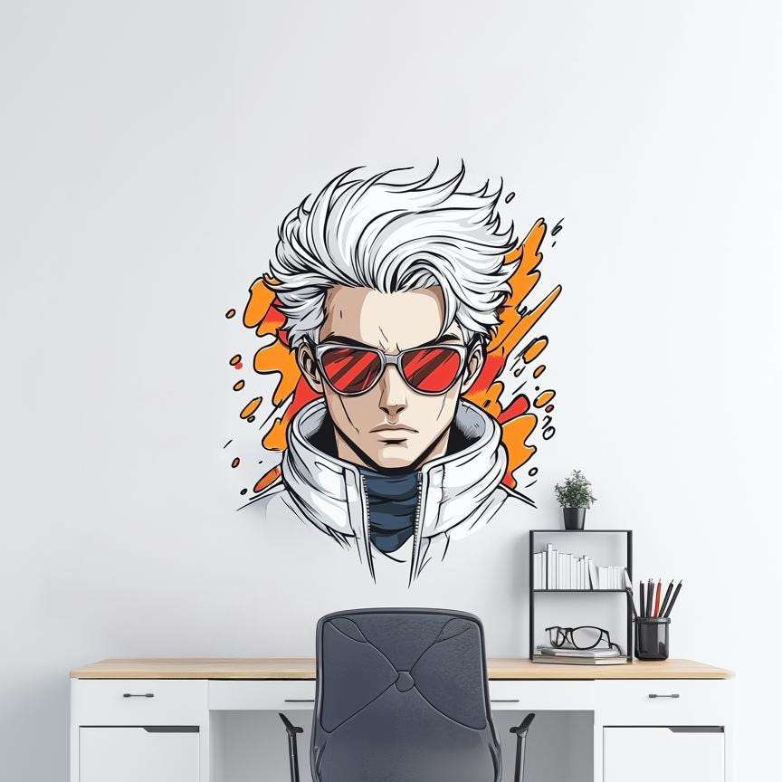 A bold anime-style wall decal of a white-haired male character with red sunglasses, designed in graphic manga art style, applied on a white wall in a minimalist room.