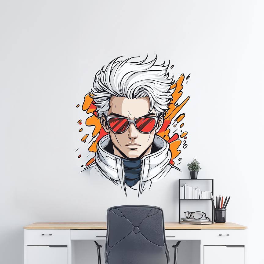 A bold anime-style wall decal of a white-haired male character with red sunglasses, designed in graphic manga art style, applied on a white wall in a minimalist room.