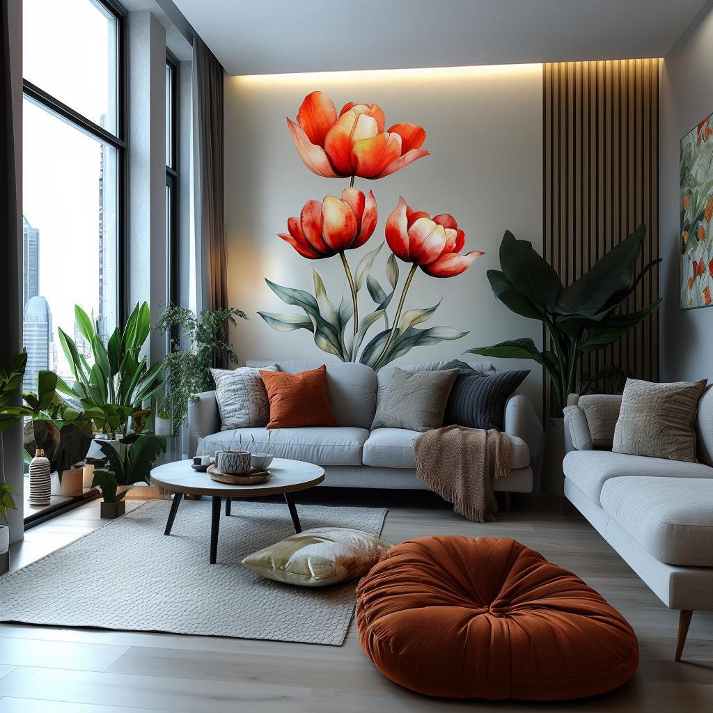 Red Tulip Wall Decal | Watercolor Flower Wall Sticker | Elegant Botanical Wall Art | Removable Vinyl Floral Mural | Living Room Nature Decor