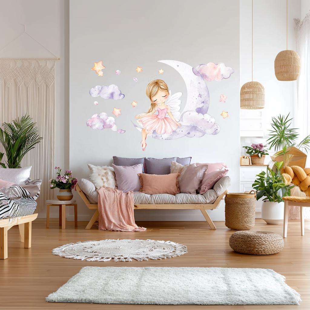 Fairy Ballerina Wall Decal | Princess on the Moon Sticker | Nursery Wall Art Baby Girl | Clouds and Stars Wall Decor | Removable Vinyl Mural