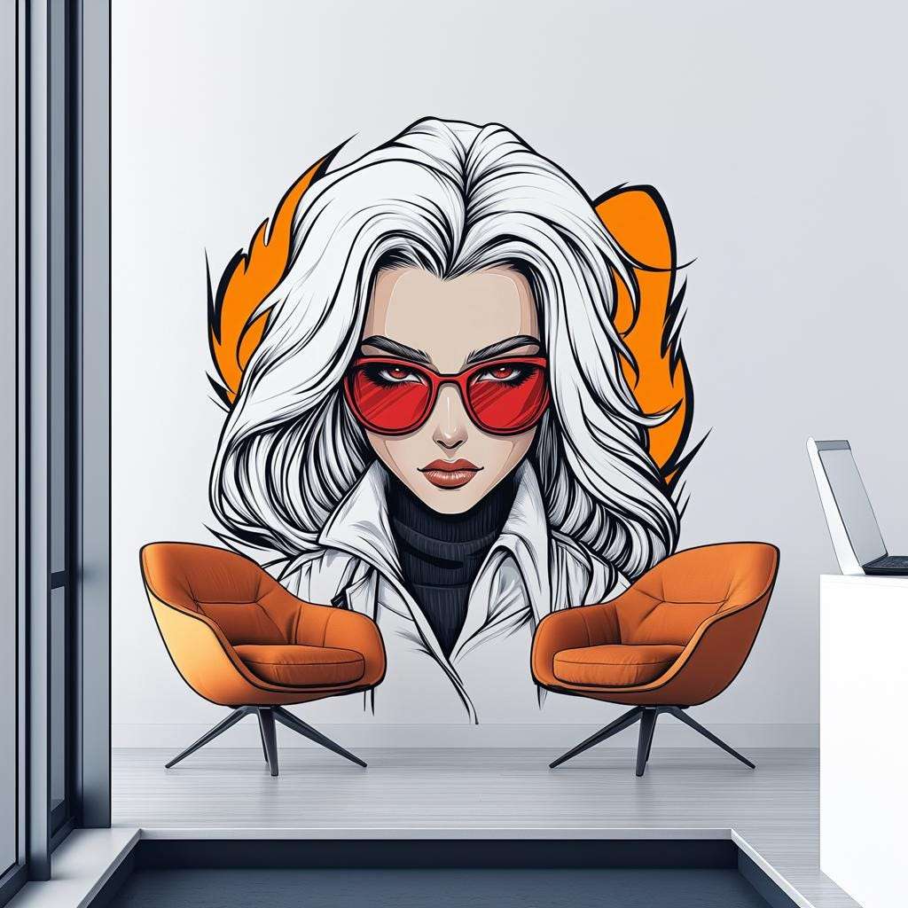 A bold anime-style wall decal of a confident woman with white hair, red sunglasses, and a serious expression, styled in comic book fashion with clean outlines and warm tones, placed above two modern orange chairs.