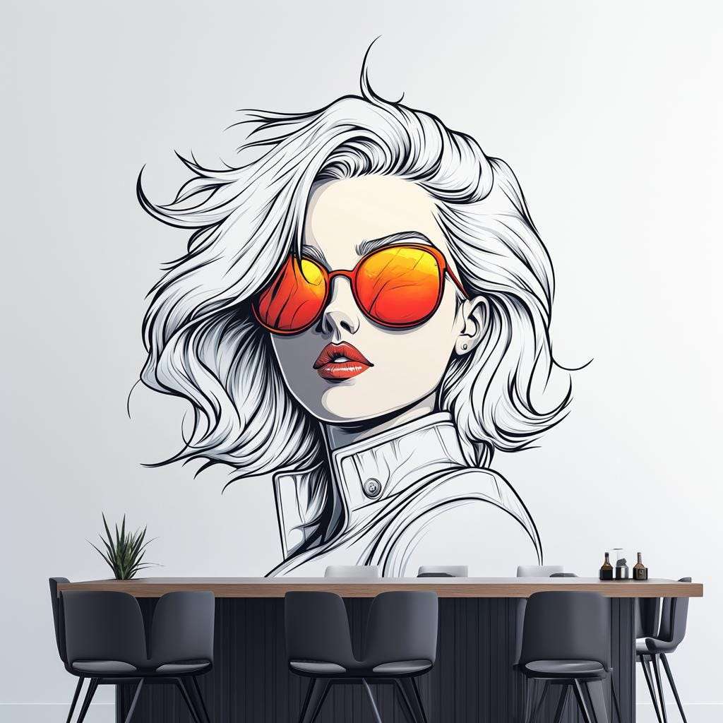 Wall decal of a woman with short wavy white hair and vivid orange reflective sunglasses in comic-style illustration, installed above a modern dining counter with black bar chairs.
