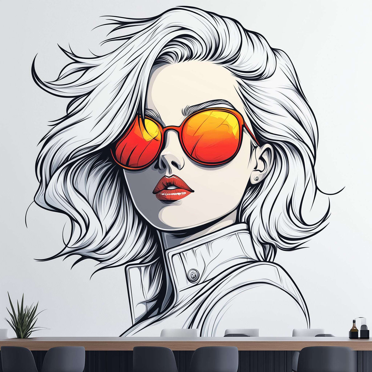 Stylish Woman Wall Decal | Pop Art Wall Sticker | Retro Female Portrait | Vinyl Mural for Office, Studio Bar Decor | Modern Graphic Wall Art