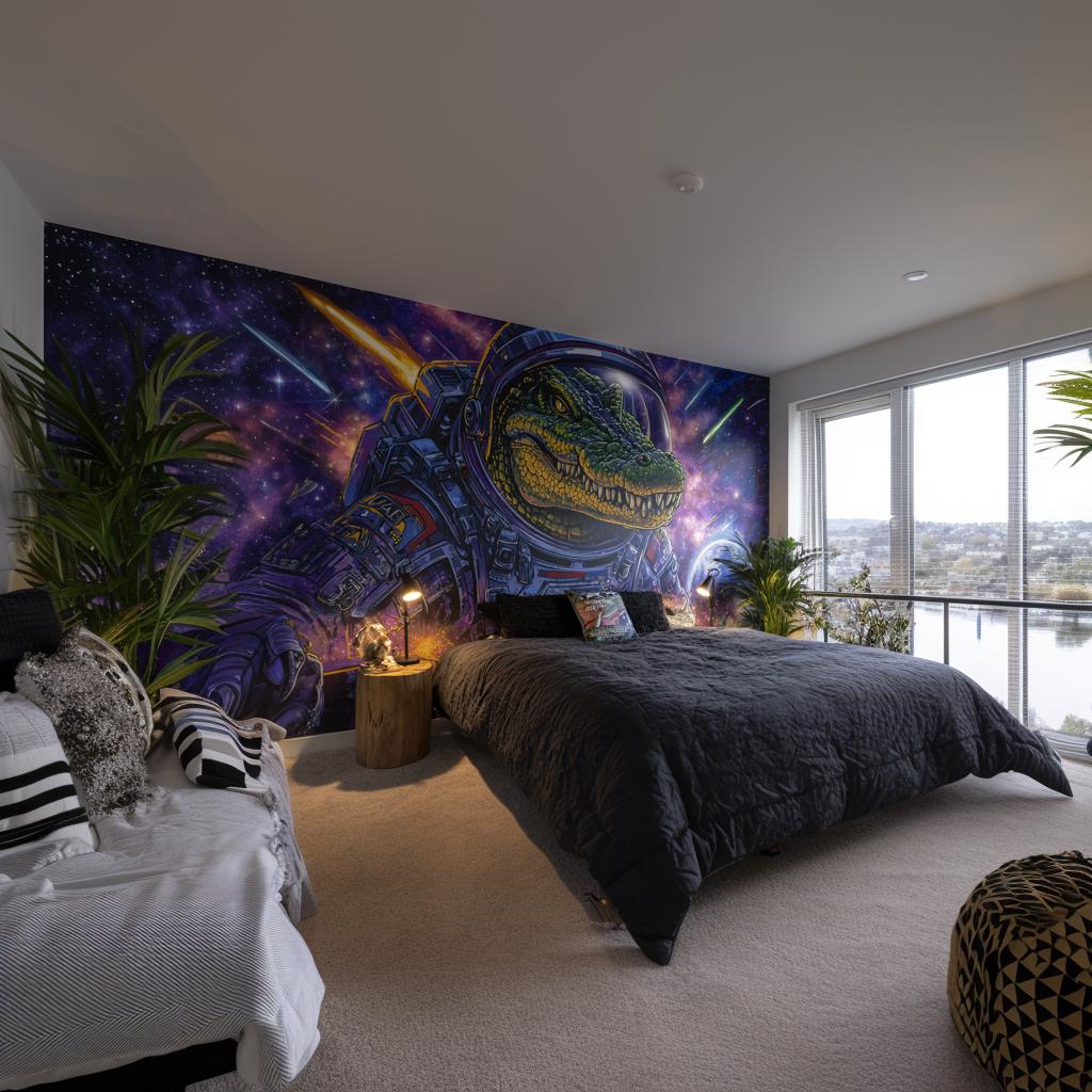 Space Wallpaper Decal | Astronaut Crocodile Wall Art Sticker | Kids Room Decor | Peel and Stick Cosmic Vinyl Mural | Removable Wall Decor