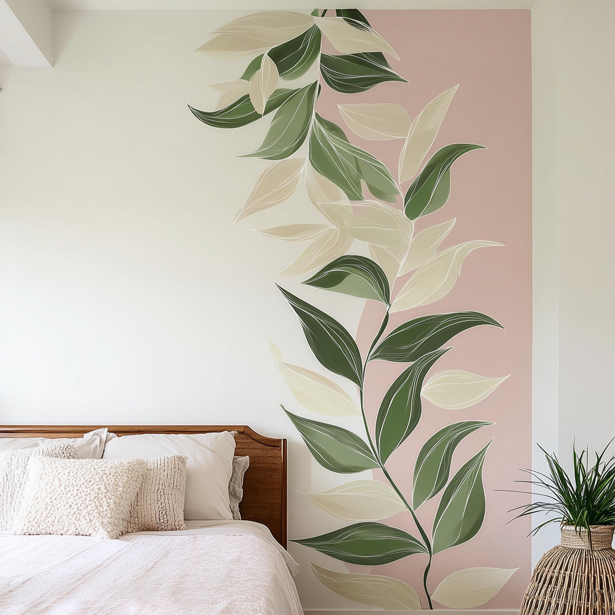 Large Vine Leaf Wall Decal | Blush Pink Botanical Mural | Removable Greenery Wall Sticker | Modern Bedroom or Nursery Accent Wall Art