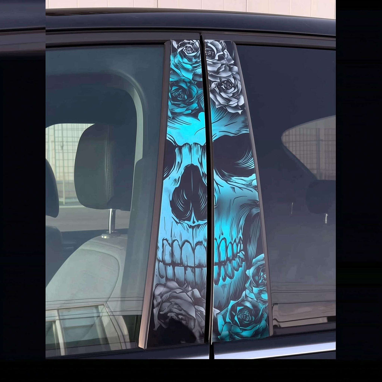 Skull B-Pillar Car Decal Set | 2-Piece Universal Vinyl Stickers | Blue Skull Roses Car Pillar Styling | Tuning Accessory Car Wrap Design