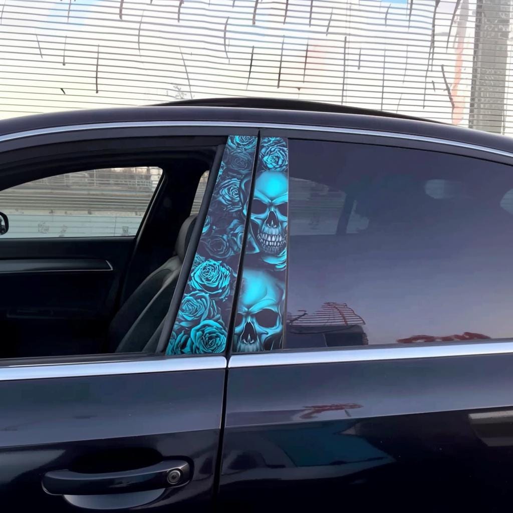 Blue Skulls Car B-Pillar Decals | 2-Piece Vinyl Sticker Set | Gothic Car Styling with Skulls and Roses | Tuning Wrap for Any Vehicle Pillar