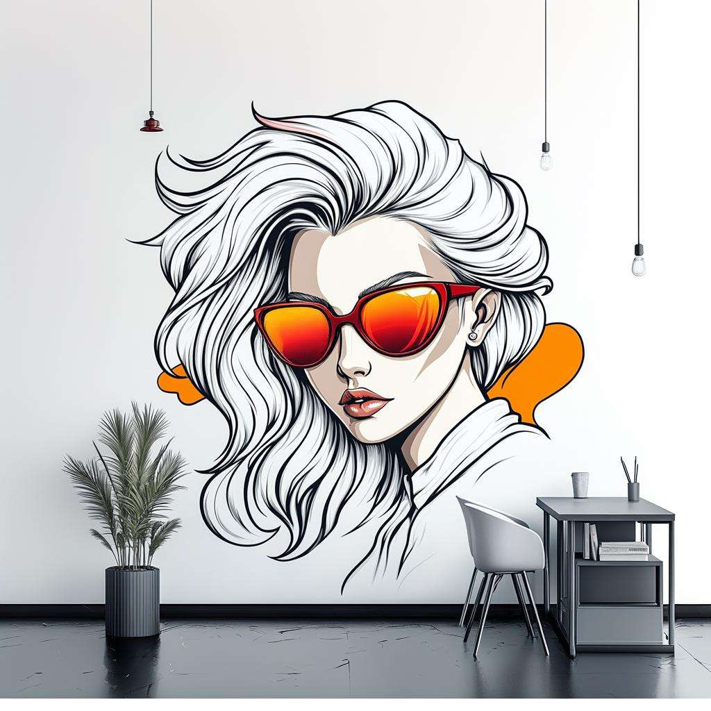 A modern wall decal featuring a stylized woman with white flowing hair and red-orange reflective sunglasses, in a bold comic book design above a monochrome cabinet in a contemporary room.