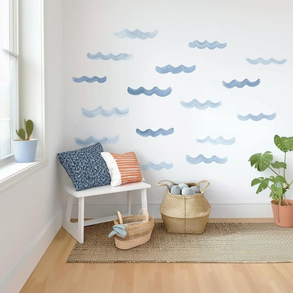 Watercolor Wave Wall Decals Set | Minimal Ocean Wave Stickers | Blue Sea Vinyl Wall Art for Nursery, Beach House, or Coastal Room Decor