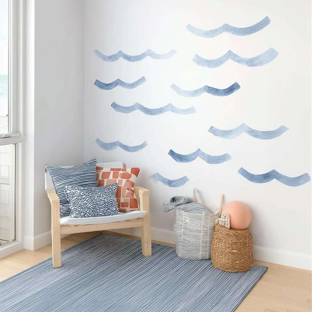 Ocean Wave Wall Decals | Blue Watercolor Vinyl Stickers | Beach Themed Nursery Decor | Set of 16 Waves | Coastal Room Wall Art