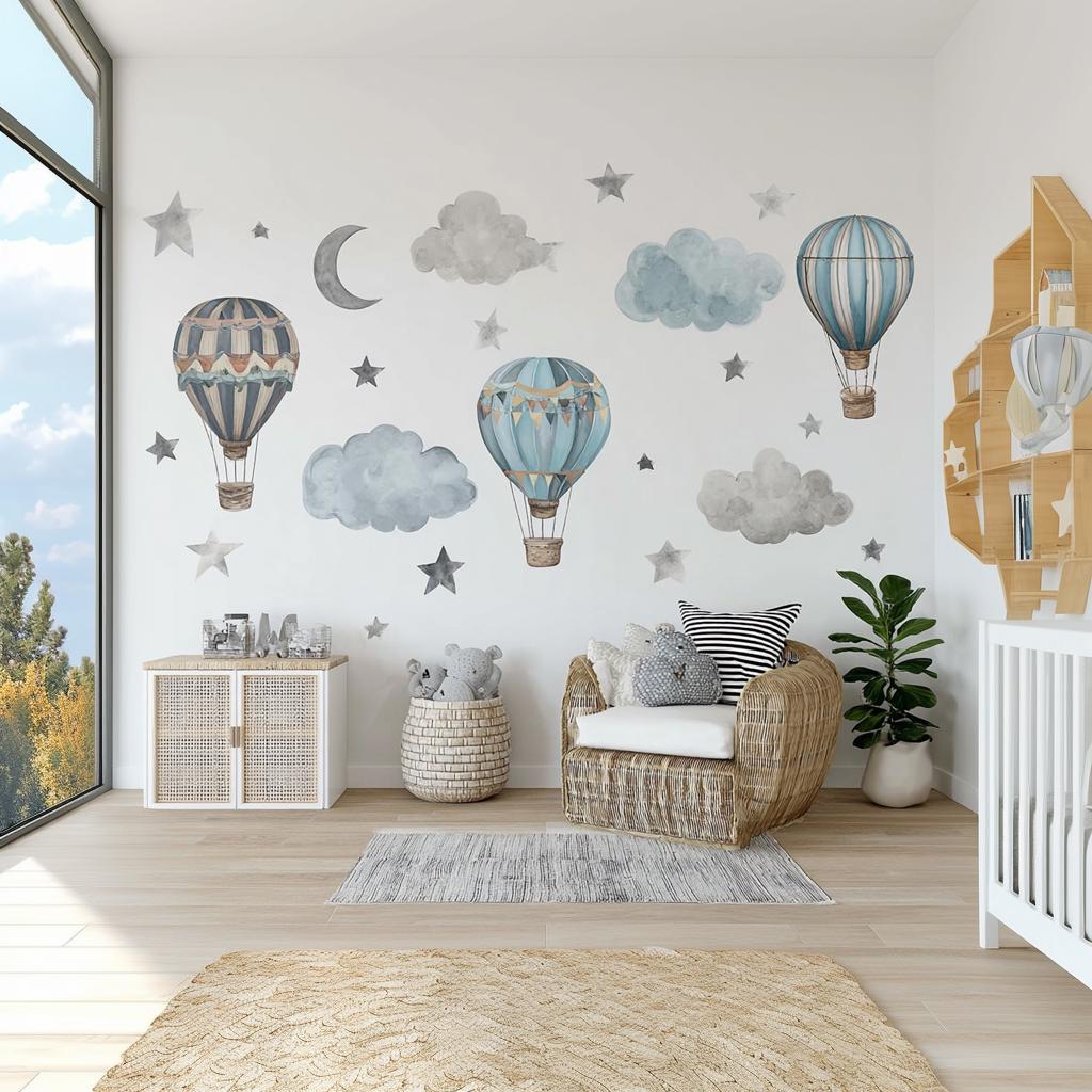 Vintage Hot Air Balloon Wall Decals | Watercolor Cloud & Star Nursery Stickers | Blue Baby Room Decor | Removable Vinyl Wall Art Boys Room