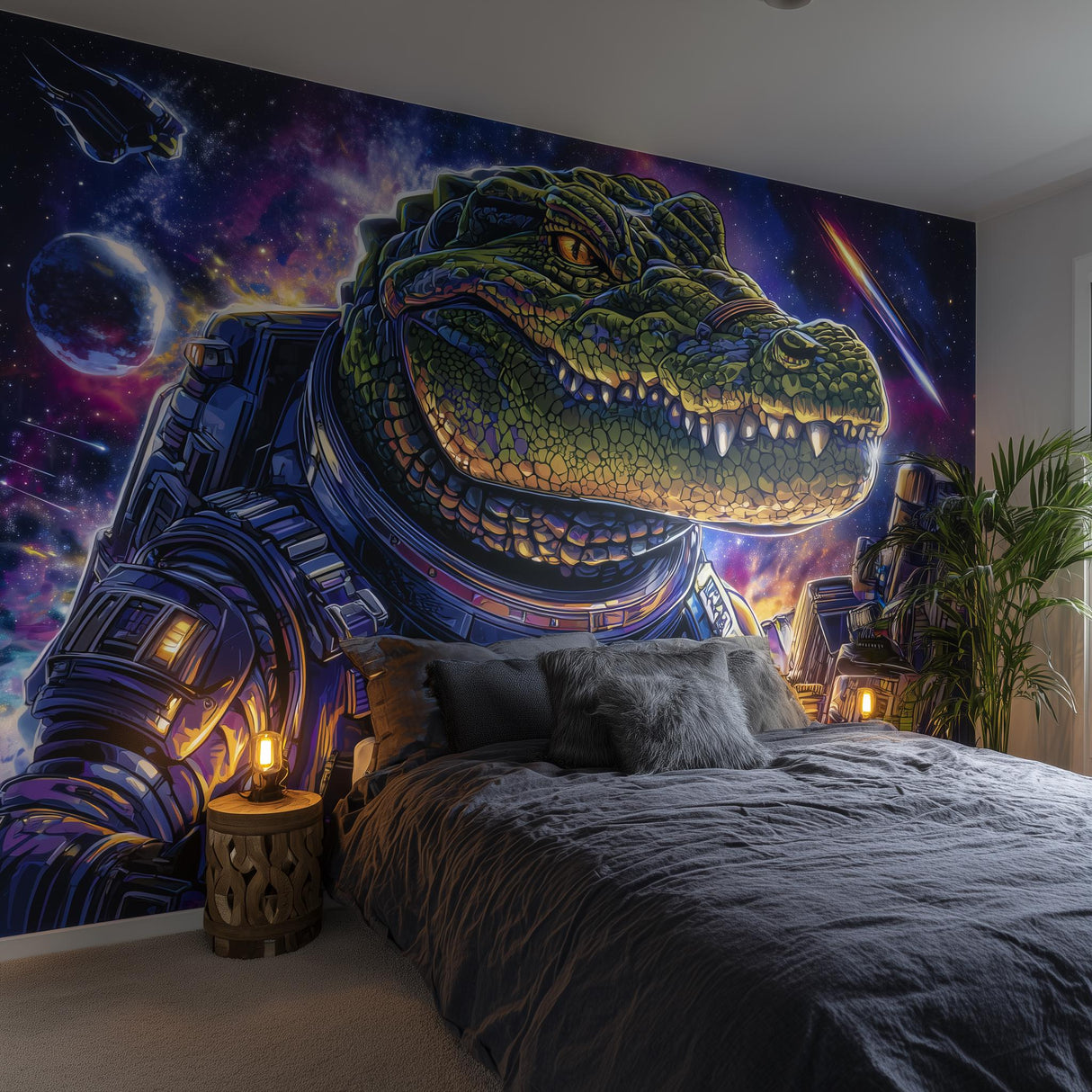 Vinyl wallpaper decal depicting a crocodile astronaut wearing a space suit set against a vibrant galaxy background with planets and stars. It creates a playful, immersive atmosphere when installed behind a bed.