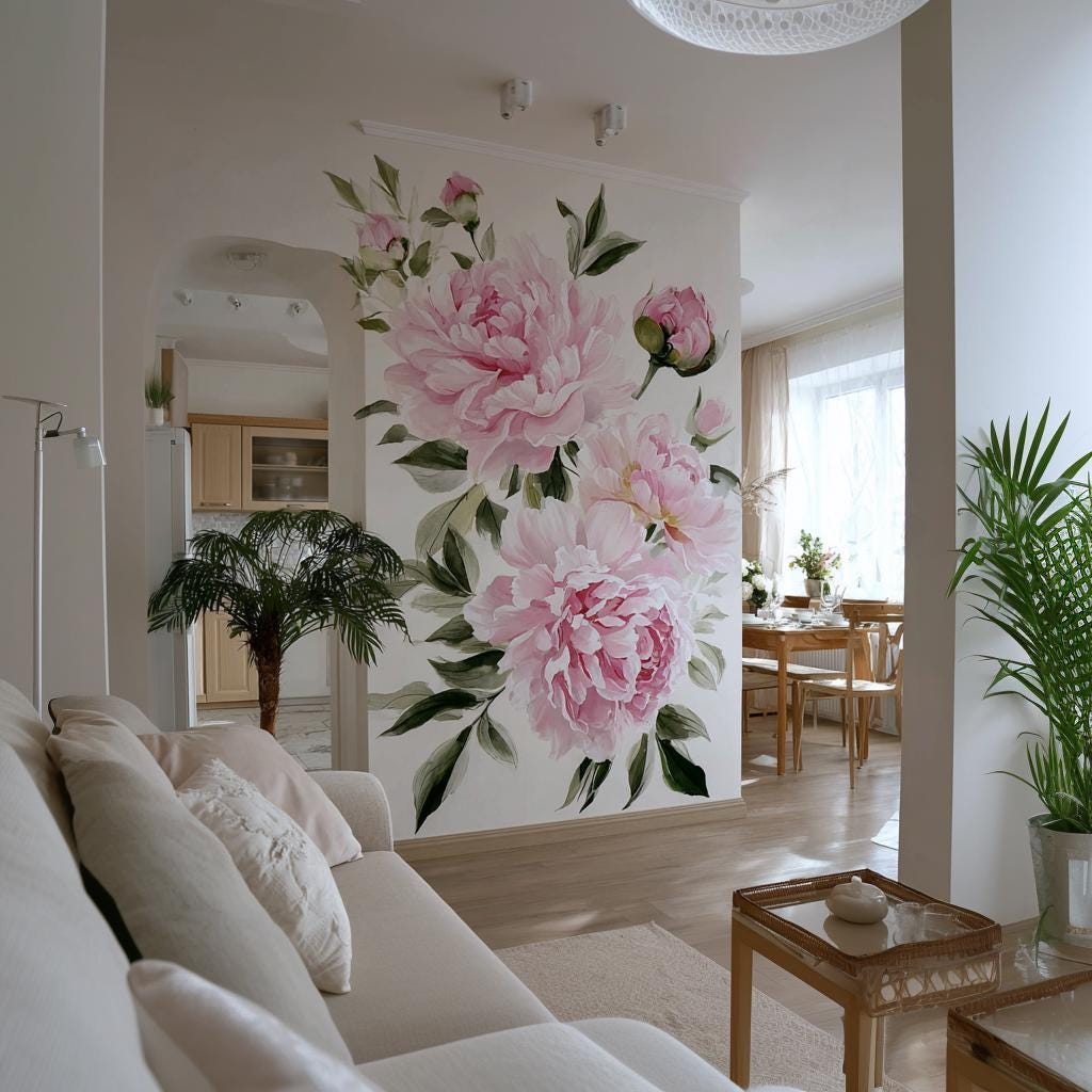 Pink Peony Wall Mural | Large Floral Wall Decal | Romantic Flower Wall Art for Living Room or Bedroom | Removable Vinyl Botanical Sticker