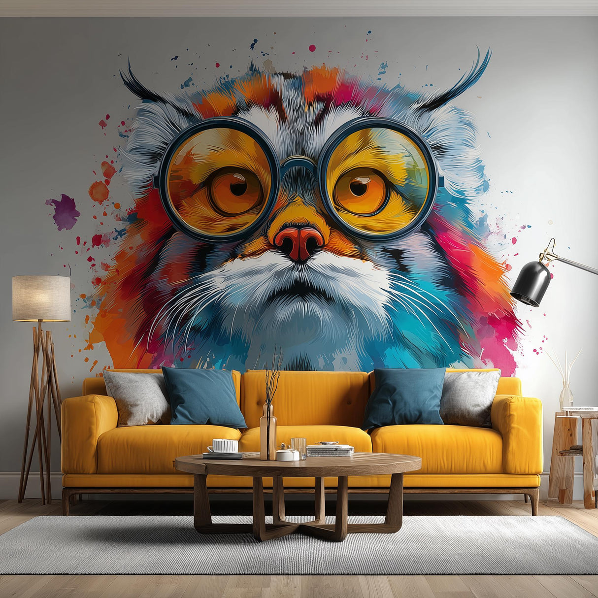 Pallas Cat Wall Decal | Manul Cat with Sunglasses | Artistic Vinyl Sticker | Colorful Animal Wall Decor Funky Cat Face Decal | Modern Art