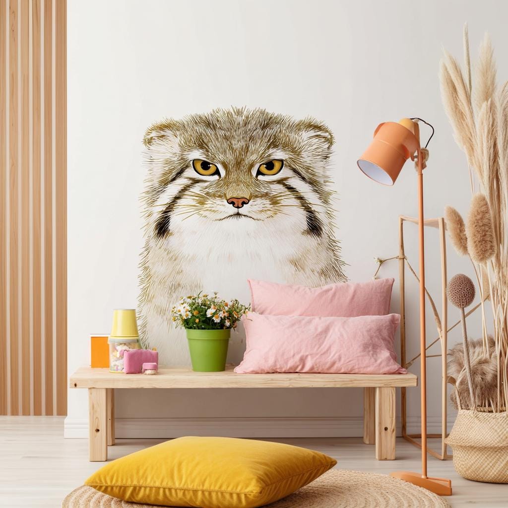 Pallas Cat Wall Decal | Manul Kids Room Vinyl Sticker | Illustrated Animal Wall Art | Cute Wild Cat Decor | Soft Wildlife Wall Mural Nursery