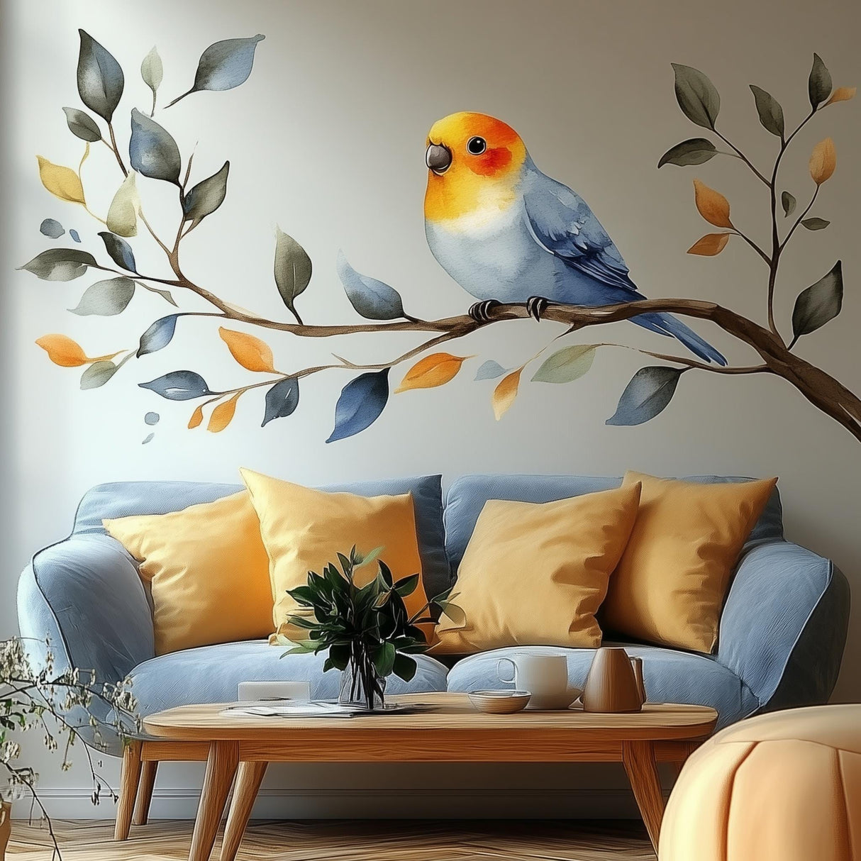 Bird on Branch Wall Decal | Watercolor Style Vinyl Sticker | Nature Inspired Wall Art | Colorful Bird Mural Living Room Botanical Wall Decor